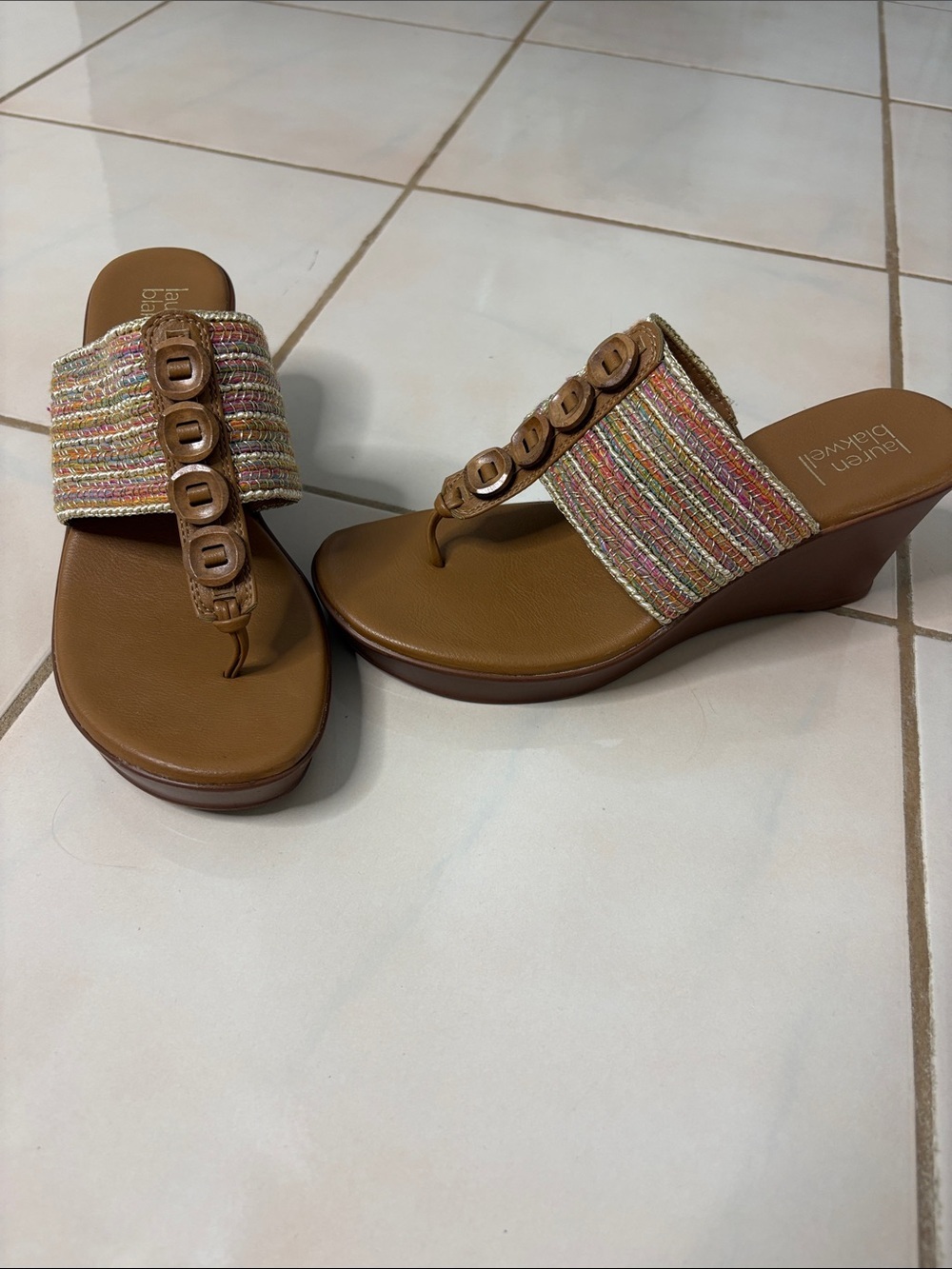 Lauren Blackwell Mahogany Wedge Sandals with Multicolor Metallic Straps. Size 8